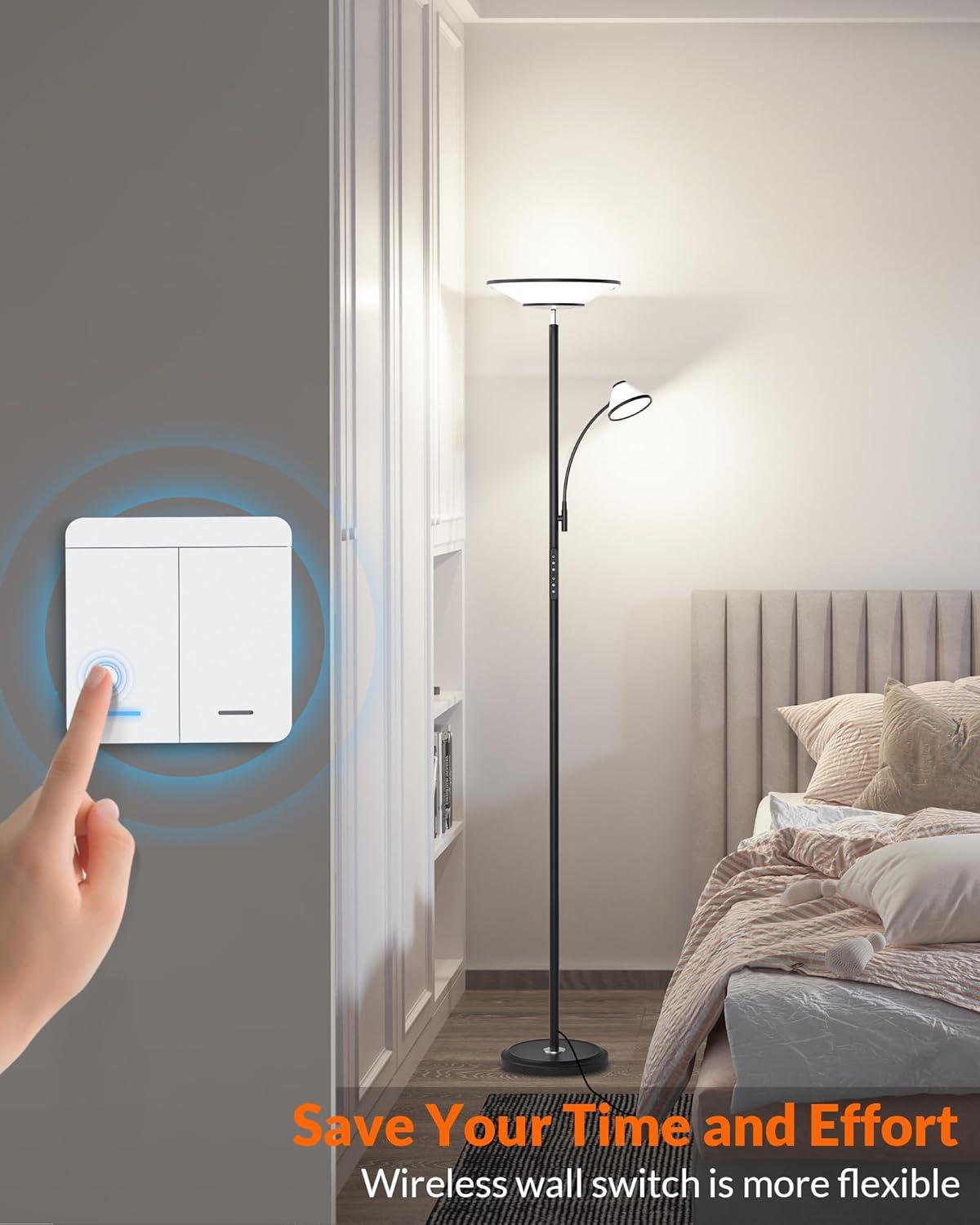 imageBright Floor Lamp Standing Lamp with Remote ampamp Wall Switch 60 Lighting Effects Adjustable Torchiere Corner Light for Living Room Bedroom Office Perfect for Reading ampamp Ambiance