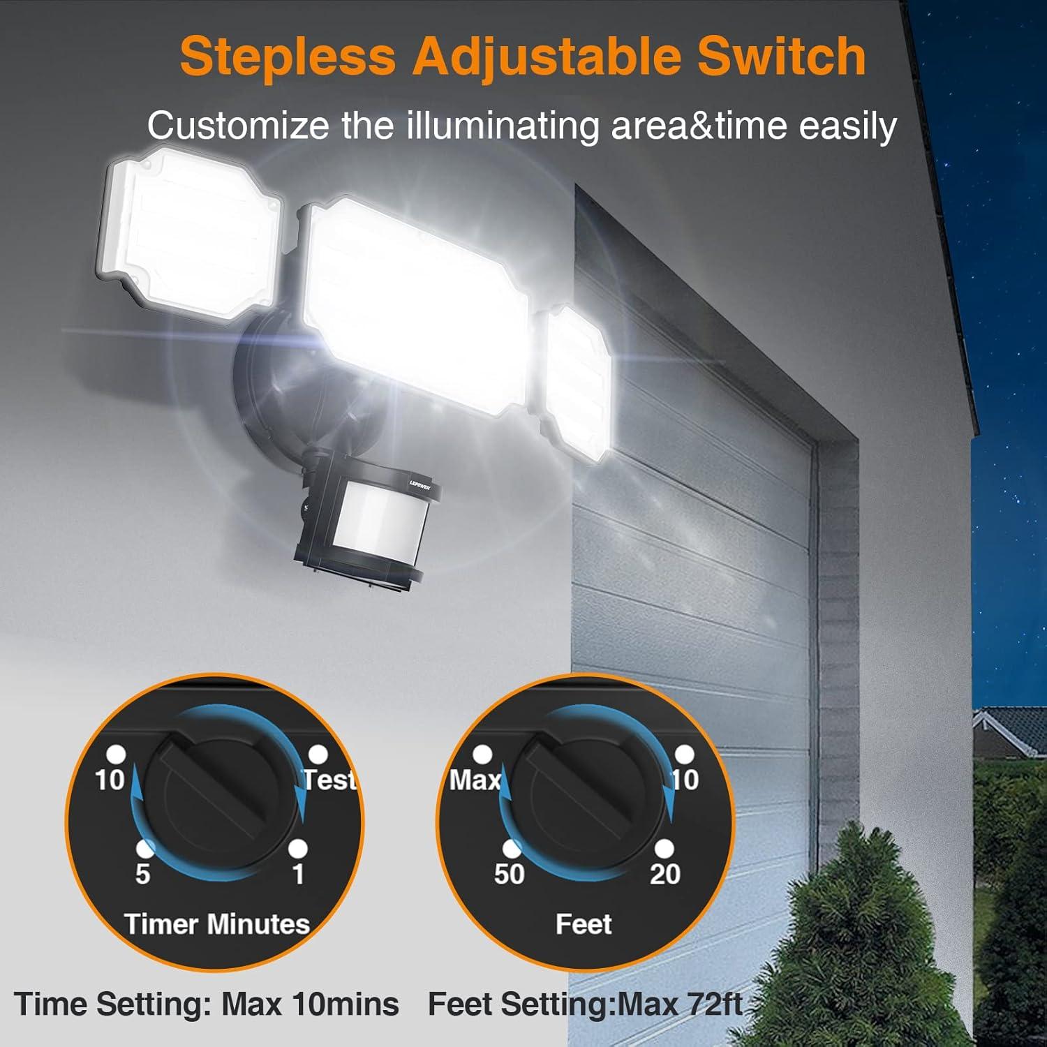 imageLEPOWER 48W LED Security Lights 5200LM Motion Sensor Flood Lights Outdoor Motion Detector Flood Light with Adjustable 72ft ampampTime Setting 3 Heads for Outside Garage Yard Porch EntrywayWhiteBlack