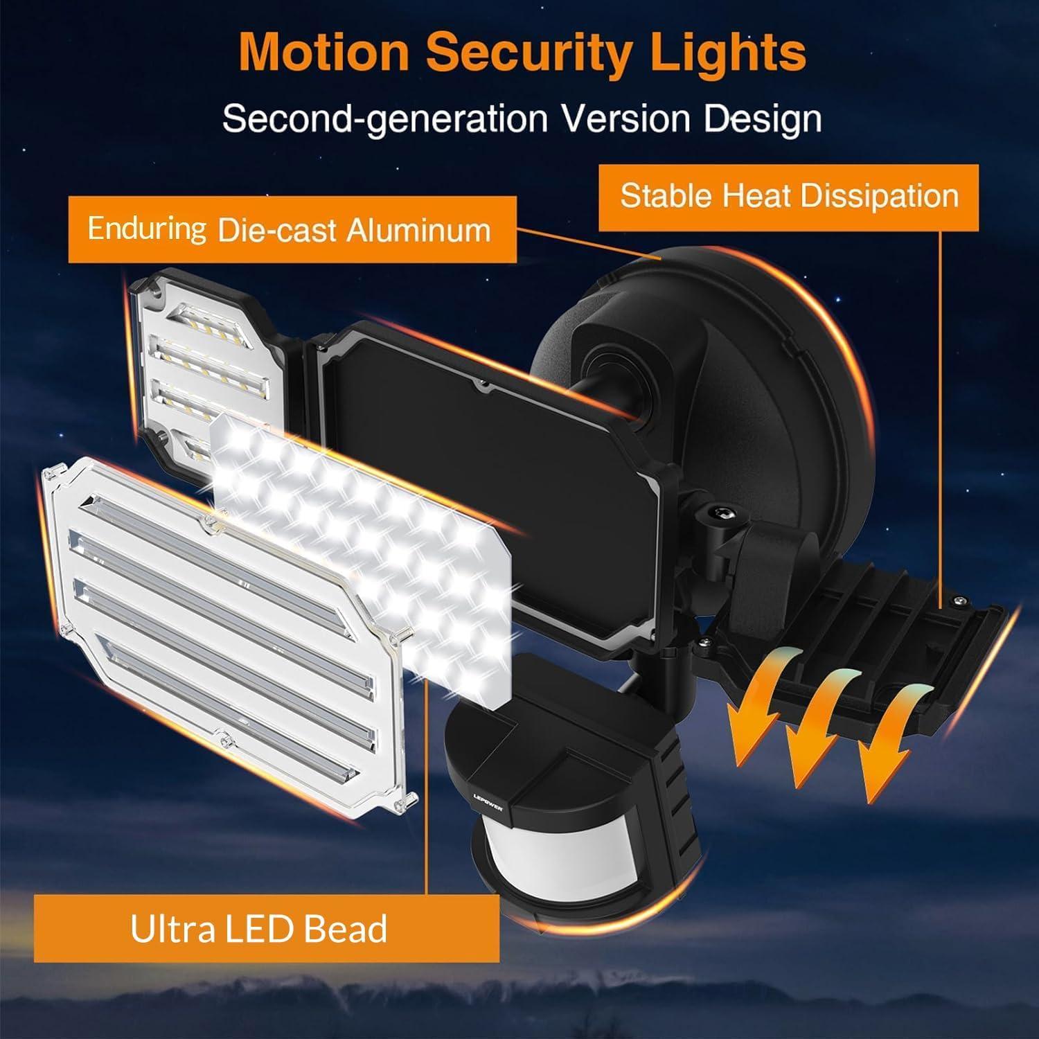 imageLEPOWER 48W LED Security Lights 5200LM Motion Sensor Flood Lights Outdoor Motion Detector Flood Light with Adjustable 72ft ampampTime Setting 3 Heads for Outside Garage Yard Porch EntrywayWhiteBlack