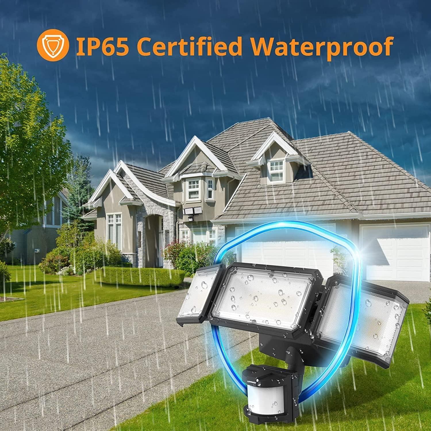 imageLEPOWER Battery Powered LED Flood Light Outdoor1500LM Motion Sensor Security Lights IP65 WaterproofWireless Flood Light Battery Operated3 Head Motion Detector Light for GarageYardPorchBlackBlack