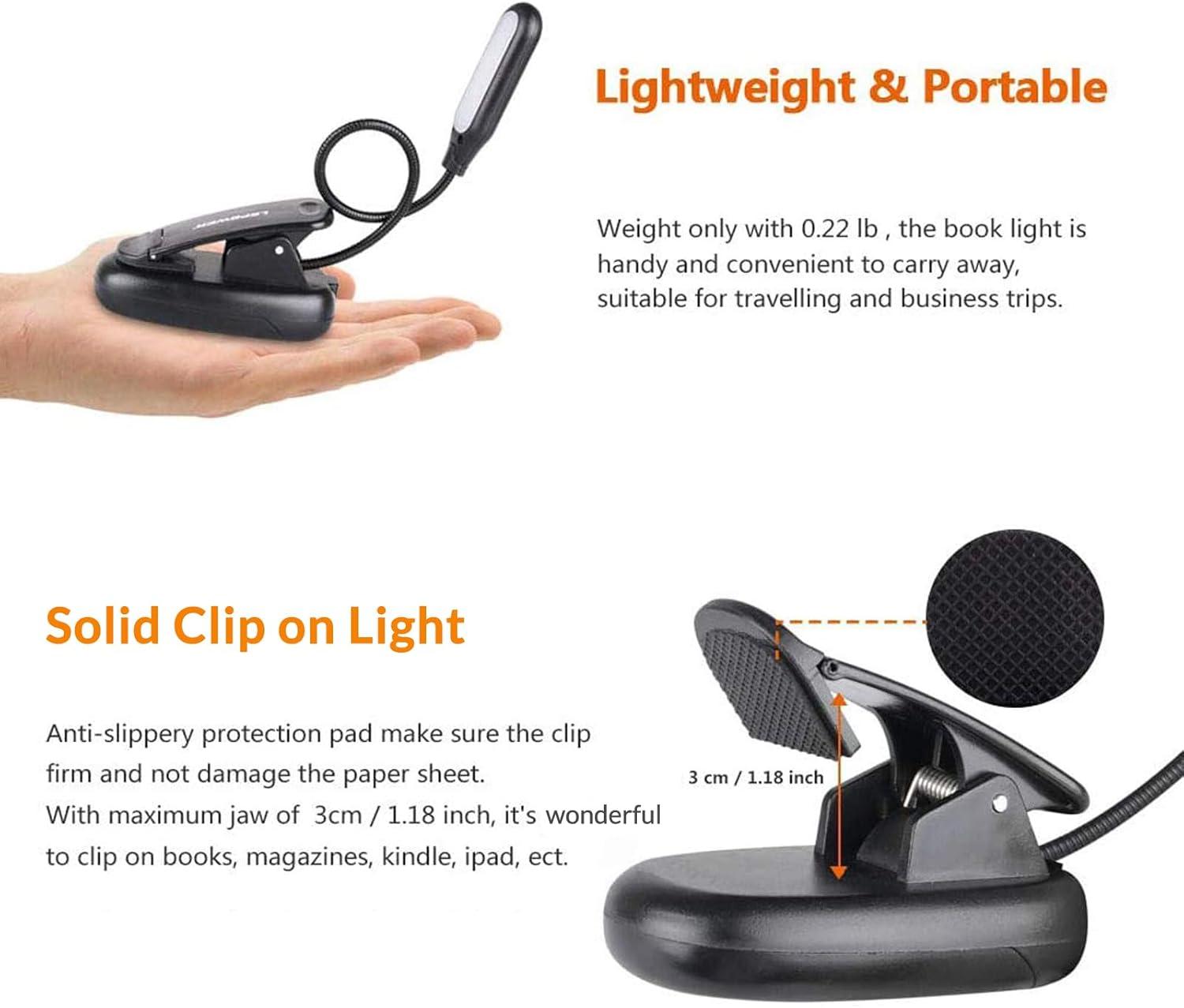 imageLEPOWER Clipon Book Light with 5 LED Eye Care 3 Color Changeable Portable Reading Lamp Battery ampamp USB Operated Bed Light for Kids Bookworms Students BlackBlack