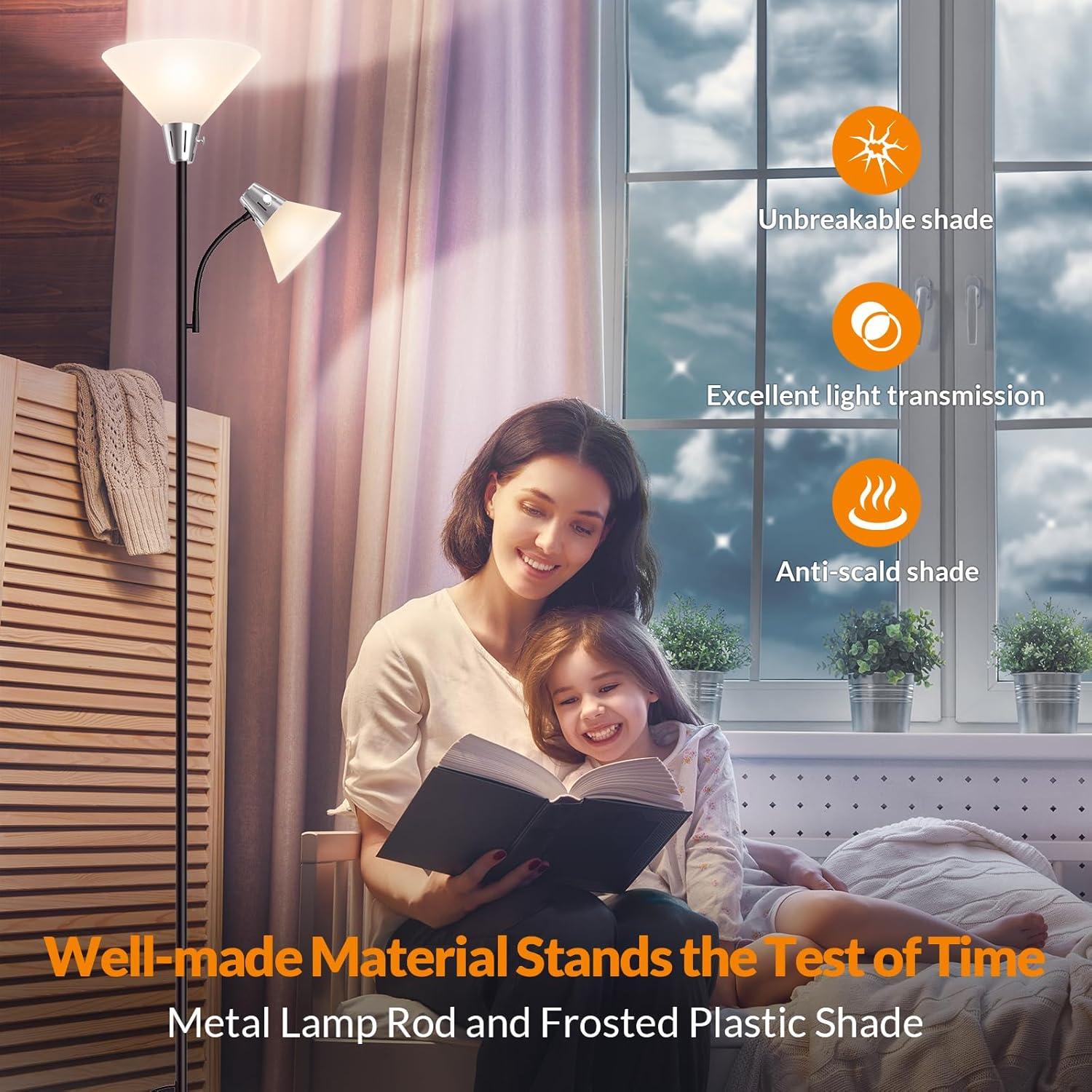 imageLEPOWER Floor Lamp Standing Lamp Replaceable 3000K EnergySaving Lamp for Living Room with Adjustable Reading Light Modern Bright Floor Lamp for Bedroom Living Room OfficeFloor Lamp 2 heads