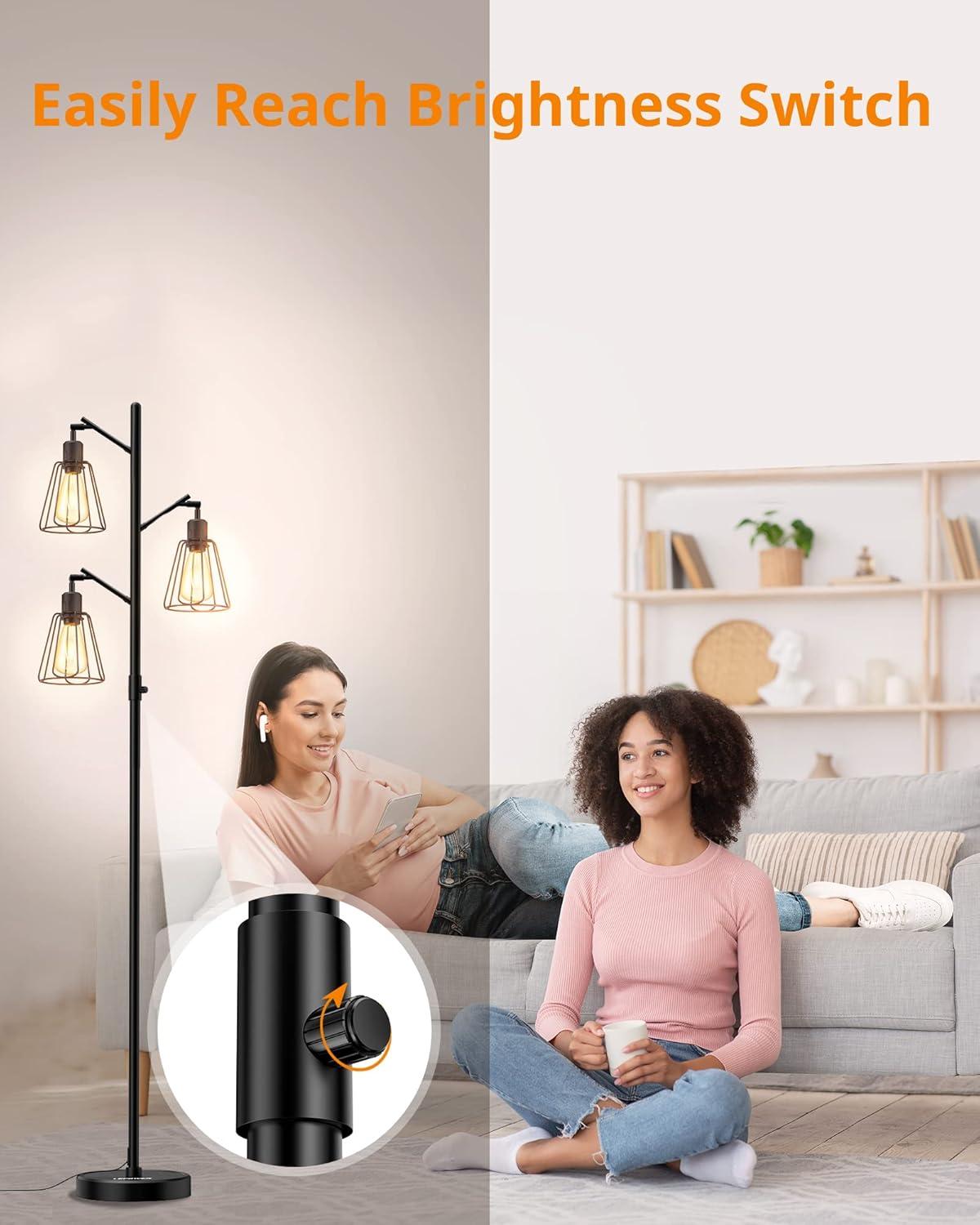imageLEPOWER Industrial Floor Lamp 3 x 800LM LED Edison Lamps Included Floor Lamp for Bedroom with 90 Multi Head Dimmable Floor Lamps Black for Office Bedroom Farmhouse Decor