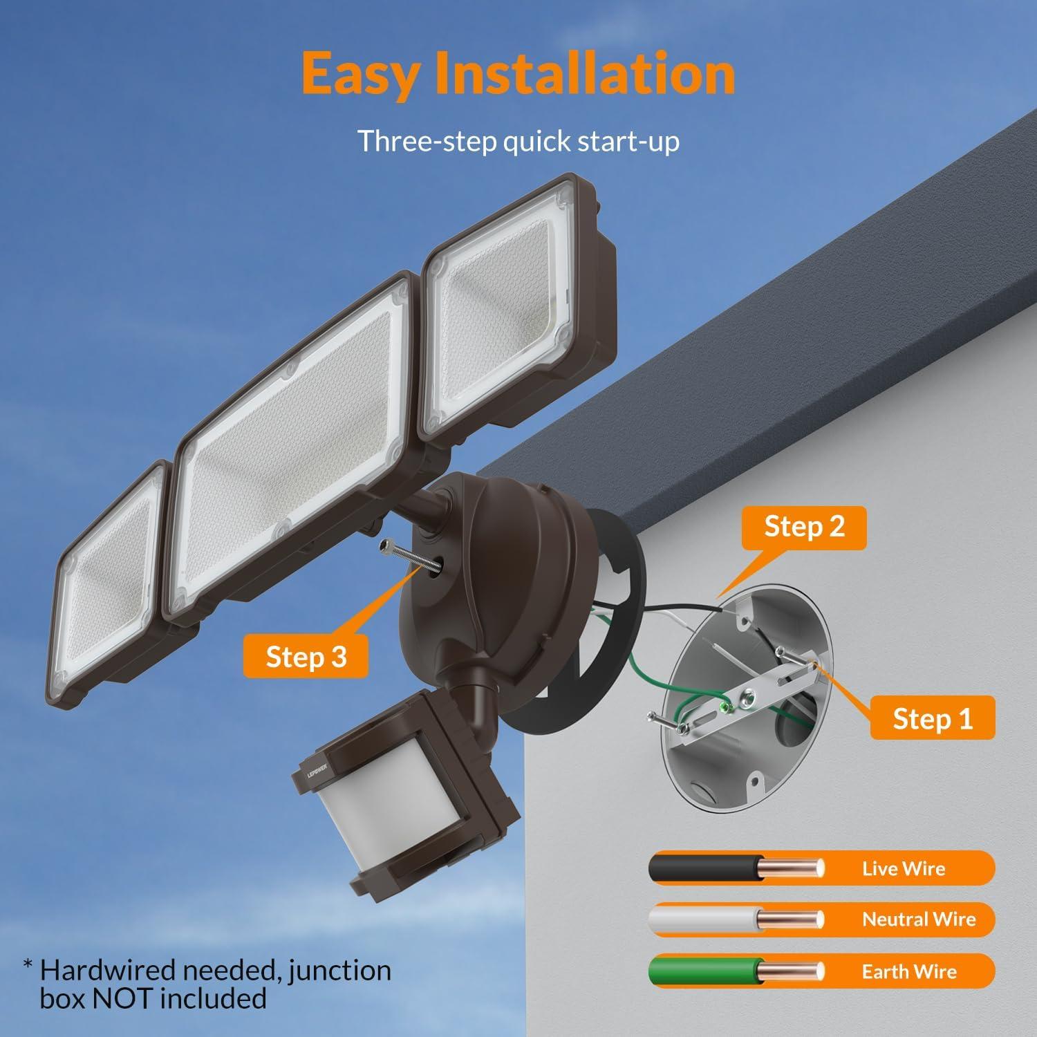 imageLEPOWER LED Motion Sensor Security Lights 3 Head Motion Detected 38W 4200LM Waterproof IP65 5500K Full Metal for Outdoor Garage Porch Yard Not Solar Powered BlackBrown