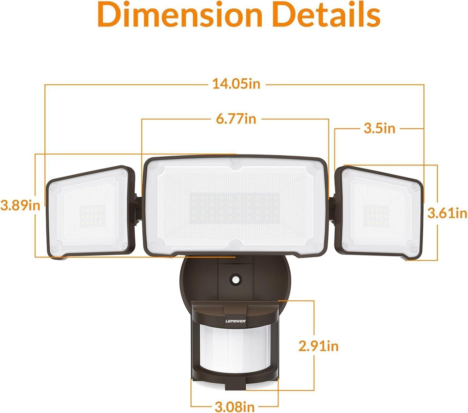 imageLEPOWER LED Motion Sensor Security Lights 3 Head Motion Detected 38W 4200LM Waterproof IP65 5500K Full Metal for Outdoor Garage Porch Yard Not Solar Powered BlackBrown