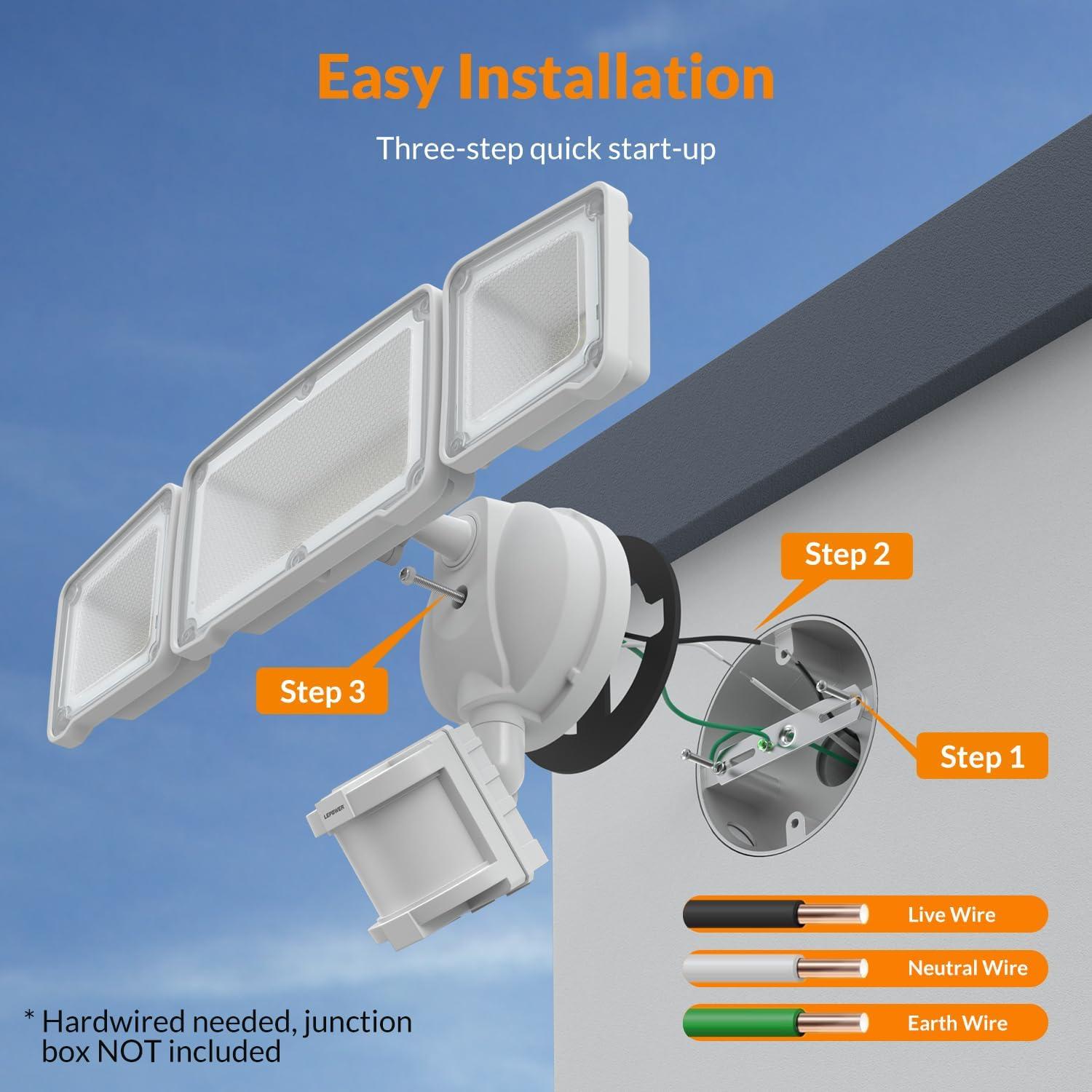 imageLEPOWER LED Motion Sensor Security Lights 3 Head Motion Detected 38W 4200LM Waterproof IP65 5500K Full Metal for Outdoor Garage Porch Yard Not Solar Powered BlackWhite