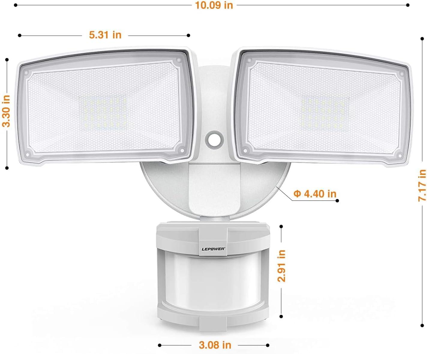 imageLEPOWER LED Motion Sensor Security Lights Outdoor 30W 3200LM 5500K IP65 Waterproof 2 Head Motion Detector Flood Light for Garage Yard Porch White NOT Solar PoweredWhite