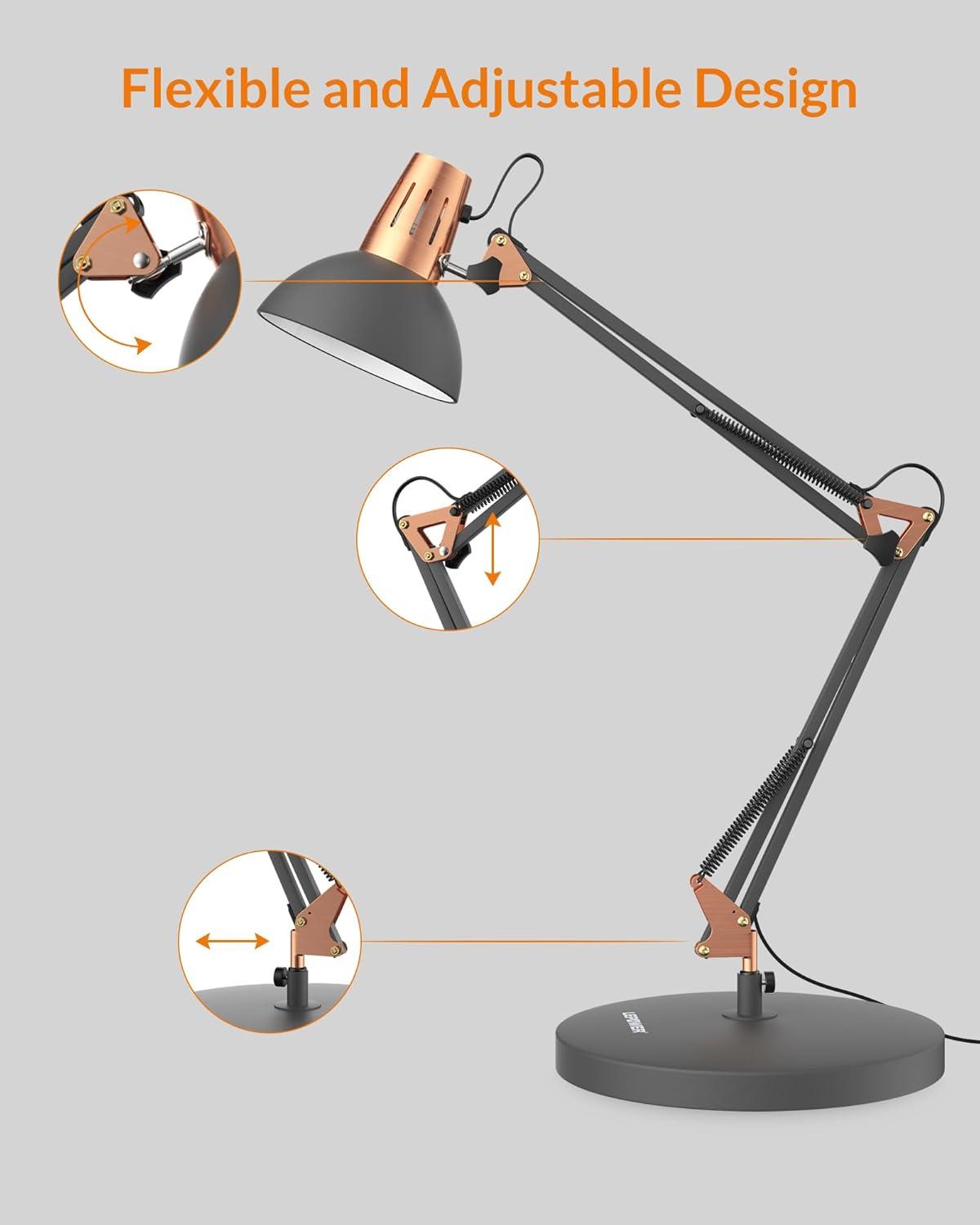 imageLEPOWER Metal Desk Lamp Adjustable Goose Neck Architect Table Lamp with OnOff Switch Swing Arm Desk Lamp with Clamp EyeCaring Reading Lamp for Bedroom Study Room ampampOffice Sandy BlackSand Black