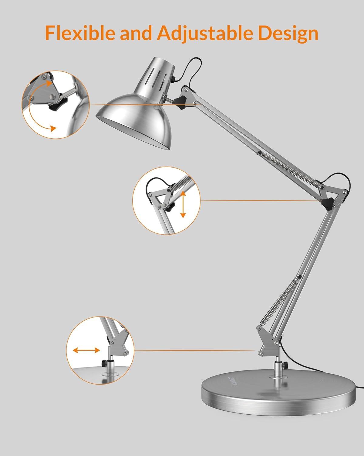 imageLEPOWER Metal Desk Lamp Adjustable Goose Neck Architect Table Lamp with OnOff Switch Swing Arm Desk Lamp with Clamp EyeCaring Reading Lamp for Bedroom Study Room ampampOffice Sandy BlackSilver