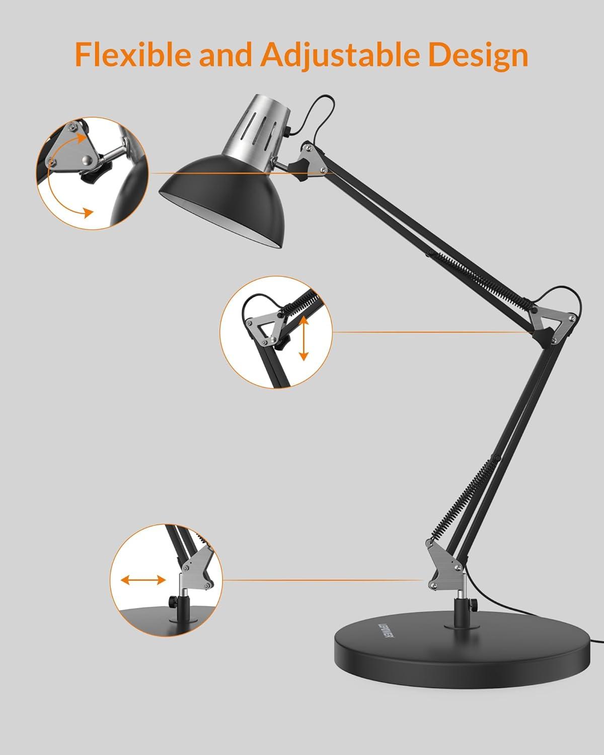 imageLEPOWER Metal Desk Lamp Adjustable Goose Neck Architect Table Lamp with OnOff Switch Swing Arm Desk Lamp with Clamp EyeCaring Reading Lamp for Bedroom Study Room ampampOffice Sandy BlackBlack
