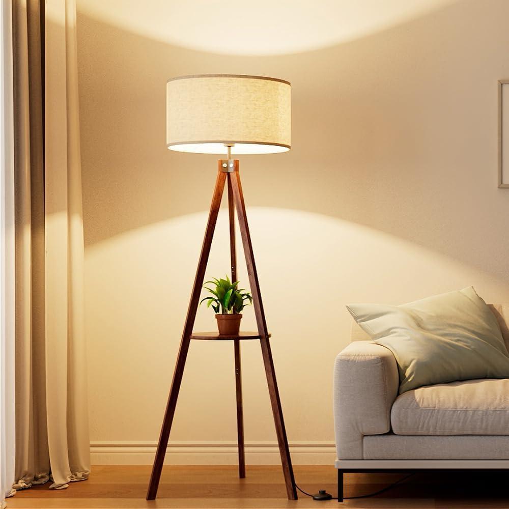 imageLEPOWER Mid Century Wood Standing Lamp Modern Design Shelf Floor Lamp for Living Room Bedroom Office Flaxen Shade with E26 Base Perfect for Reading or Ambient Lighting Dark BrownBrown Holder