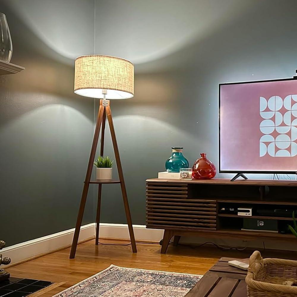 imageLEPOWER Mid Century Wood Standing Lamp Modern Design Shelf Floor Lamp for Living Room Bedroom Office Flaxen Shade with E26 Base Perfect for Reading or Ambient Lighting Dark BrownBrown Holder