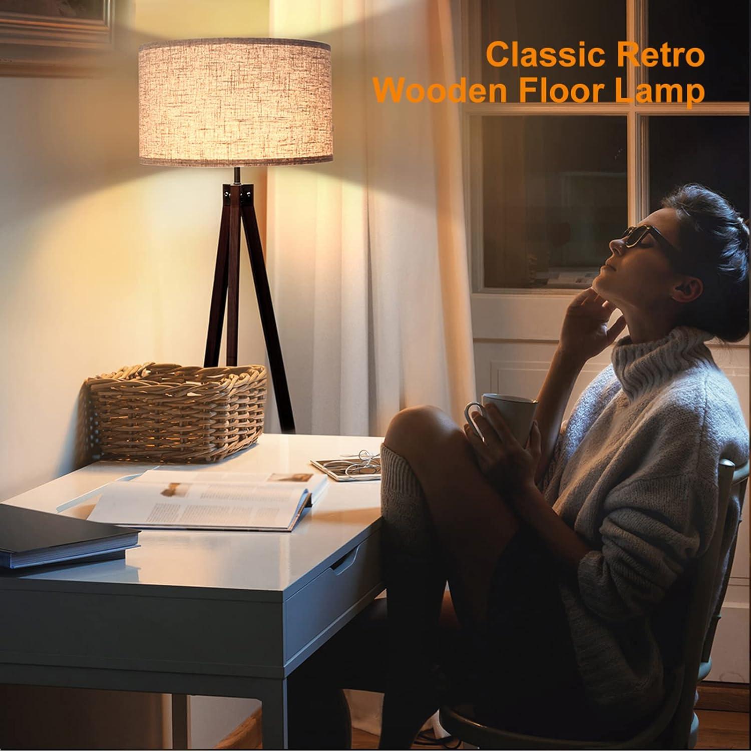 imageLEPOWER Wood Tripod Floor Lamp Mid Century Standing Lamp Modern Design Studying Light for Living Room Bedroom Study Room and Office Flaxen Lamp Shade with E26 Base WalnutWalnut Tripod Holder