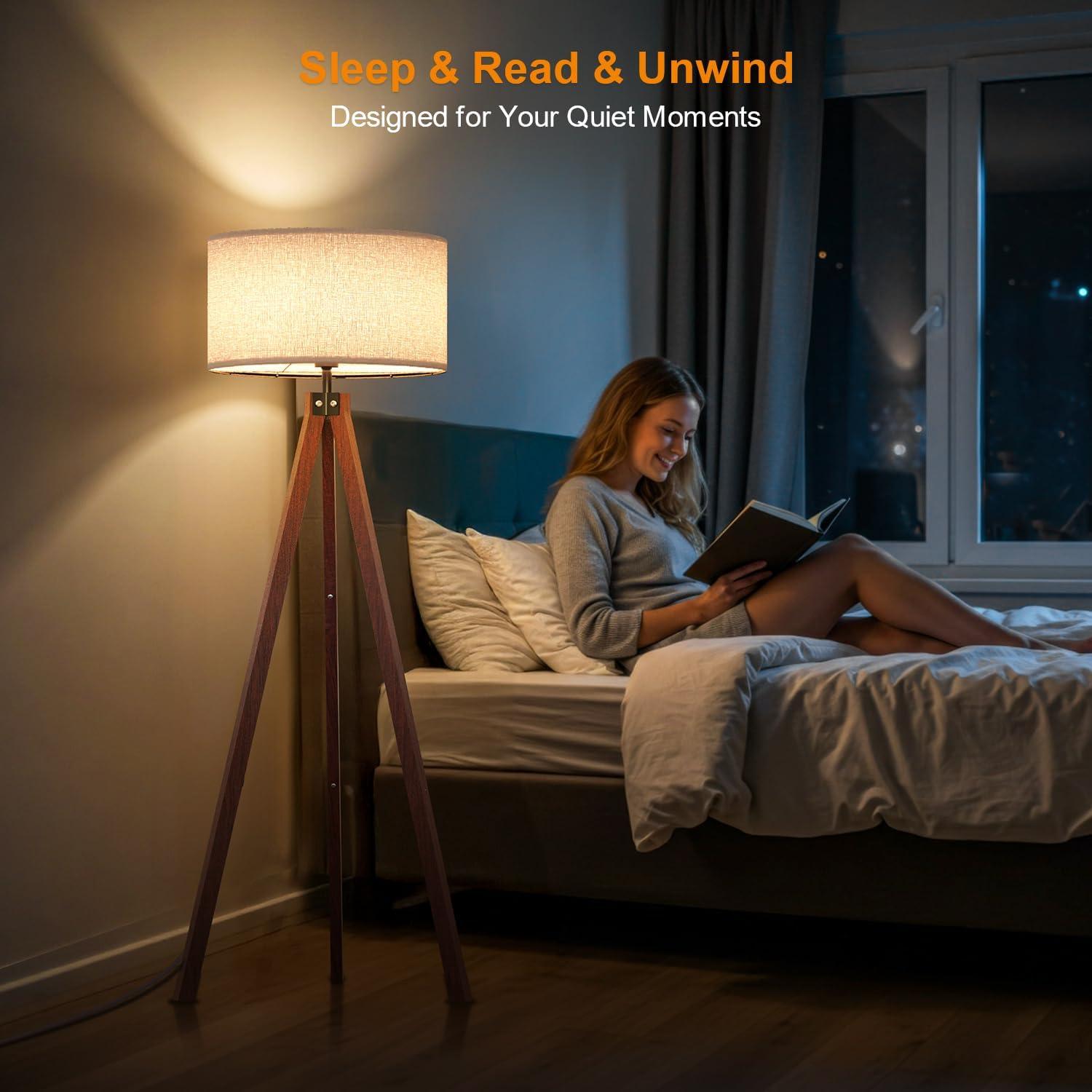 imageLEPOWER Wood Tripod Floor Lamp Mid Century Standing Lamp Modern Design Studying Light for Living Room Bedroom Study Room and Office Flaxen Lamp Shade with E26 Base WalnutBrown Tripod Holder