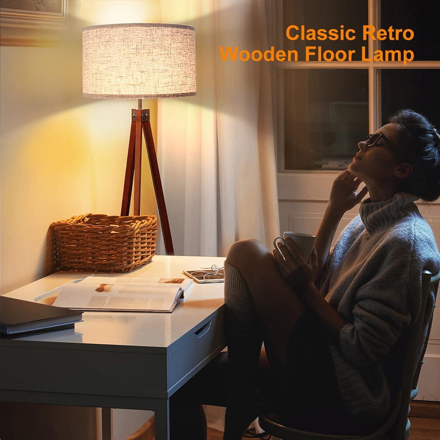 imageLEPOWER Wood Tripod Floor Lamp Mid Century Standing Lamp Modern Design Studying Light for Living Room Bedroom Study Room and Office Flaxen Lamp Shade with E26 Base WalnutBrown Tripod Holder