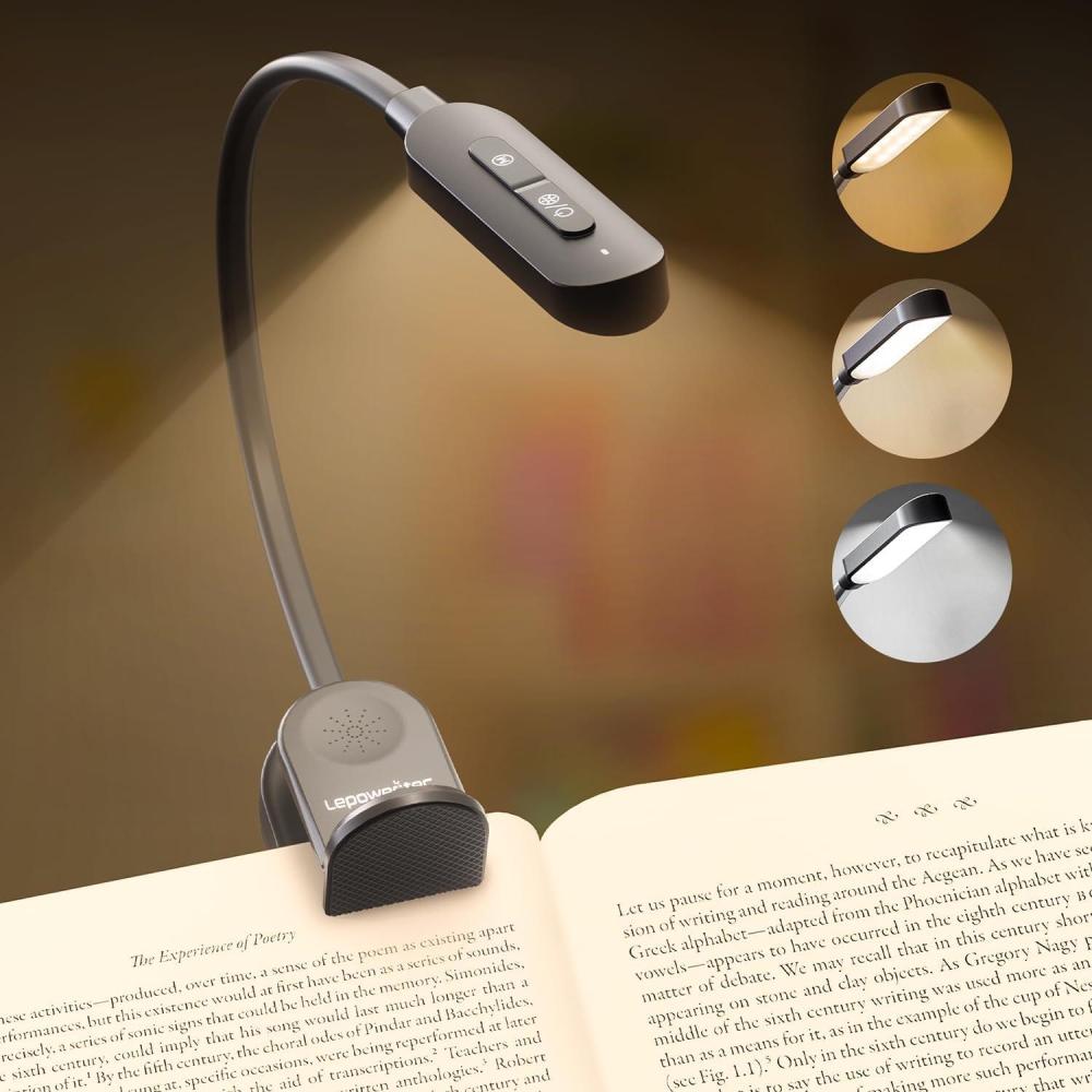 image24 LED Rechargeable Book Light for Reading in Bed with Memory Function Eye Caring 3 Color Temperatures 5 Brightness 80 Hrs Runtime Lightweight Clip On Book Reading Light for Studying