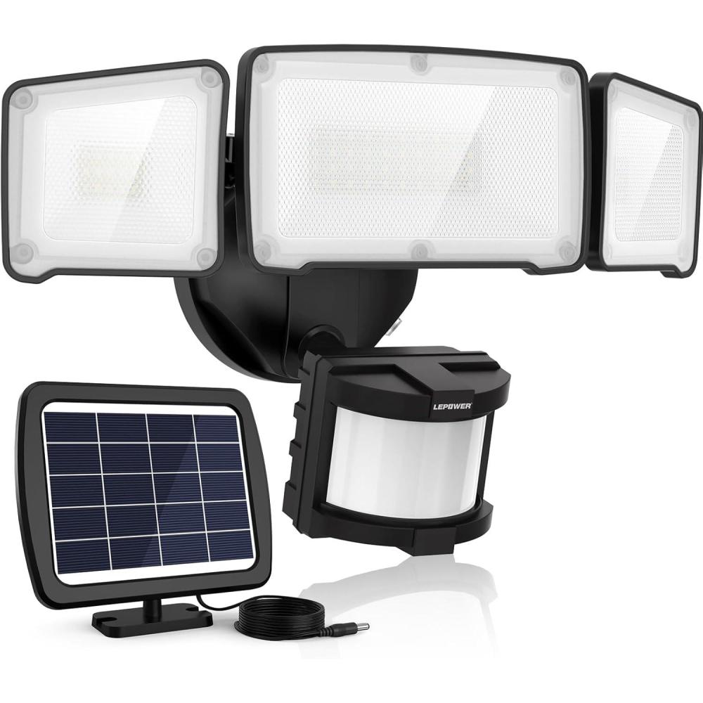 imageLEPOWER 1600LM LED Solar Security Lights Motion Outdoor 5500K White Light IP65 Waterproof Outdoor Flood Solar Light for Yard GarageBlackBlack