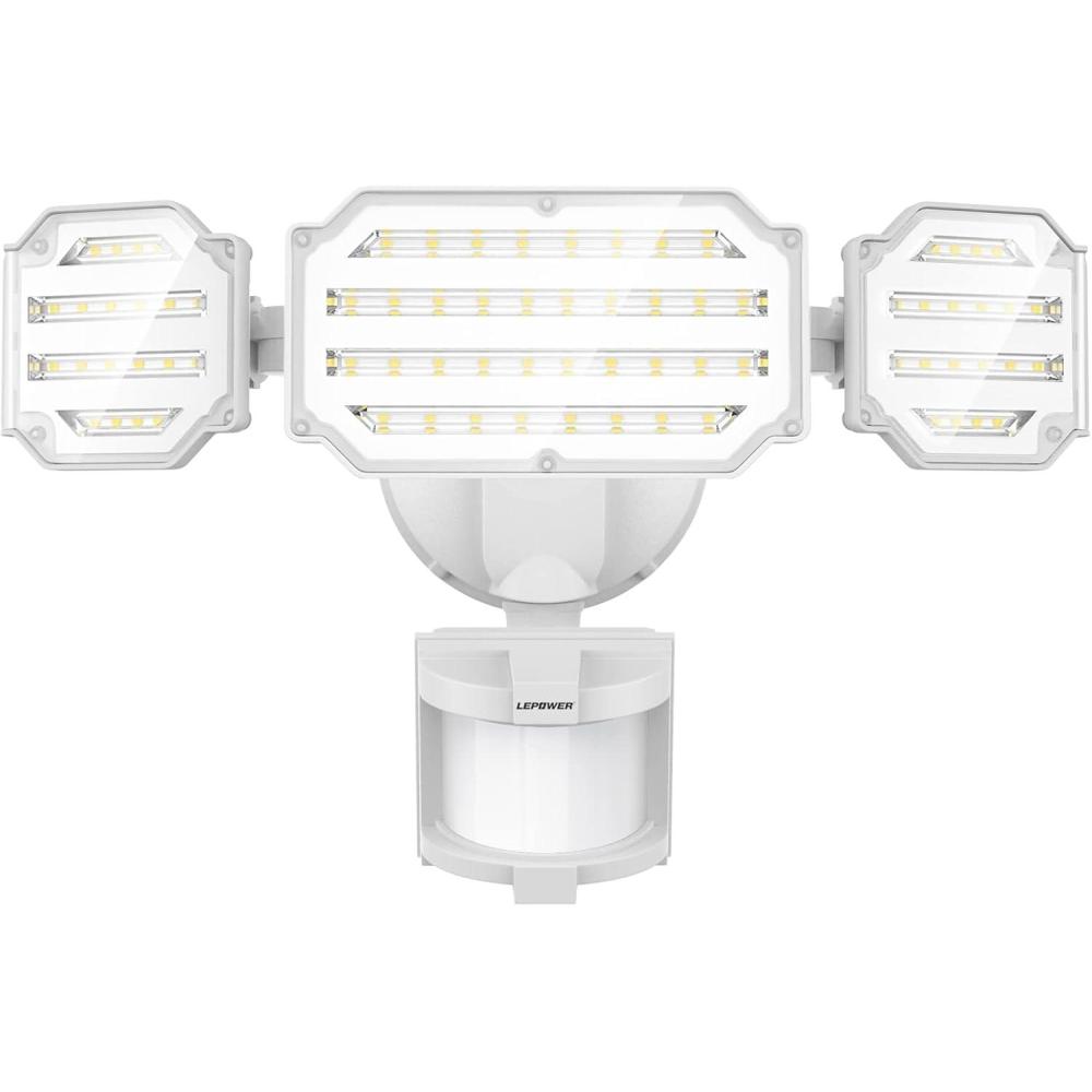 imageLEPOWER 48W LED Security Lights 5200LM Motion Sensor Flood Lights Outdoor Motion Detector Flood Light with Adjustable 72ft ampampTime Setting 3 Heads for Outside Garage Yard Porch EntrywayWhiteWhite