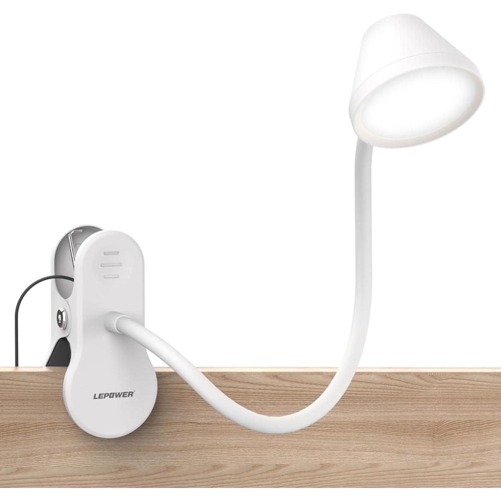imageLEPOWER Clip on Light Dimmable Book Light for Reading in Bed 300LM Clip on Lamp 5 Color Temperatures Clamp Light Night Light Mode Timer Setting 2100 Brightness for Bed Headboard BlackWhite