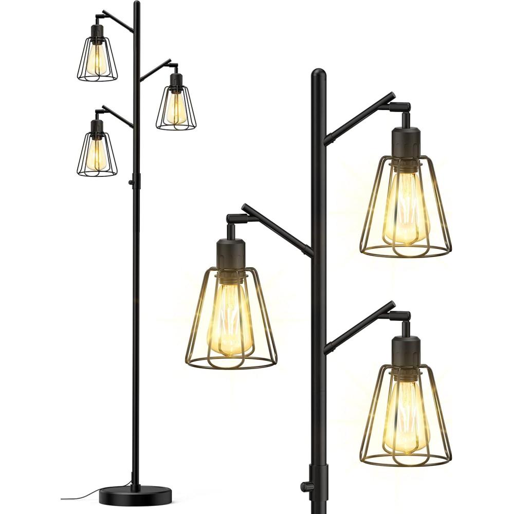 imageLEPOWER Industrial Floor Lamp 3 x 800LM LED Edison Lamps Included Floor Lamp for Bedroom with 90 Multi Head Dimmable Floor Lamps Black for Office Bedroom Farmhouse Decor