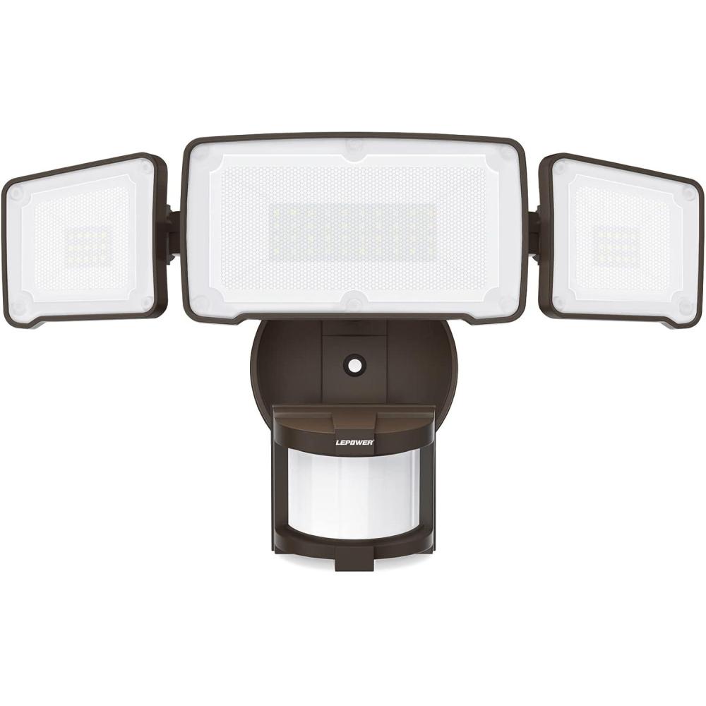 imageLEPOWER LED Motion Sensor Security Lights 3 Head Motion Detected 38W 4200LM Waterproof IP65 5500K Full Metal for Outdoor Garage Porch Yard Not Solar Powered BlackBrown