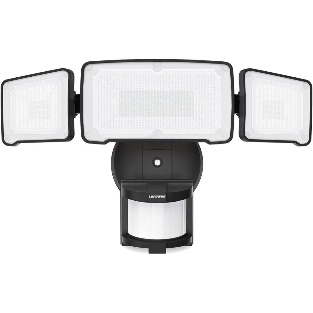 imageLEPOWER LED Motion Sensor Security Lights 3 Head Motion Detected 38W 4200LM Waterproof IP65 5500K Full Metal for Outdoor Garage Porch Yard Not Solar Powered BlackBlack