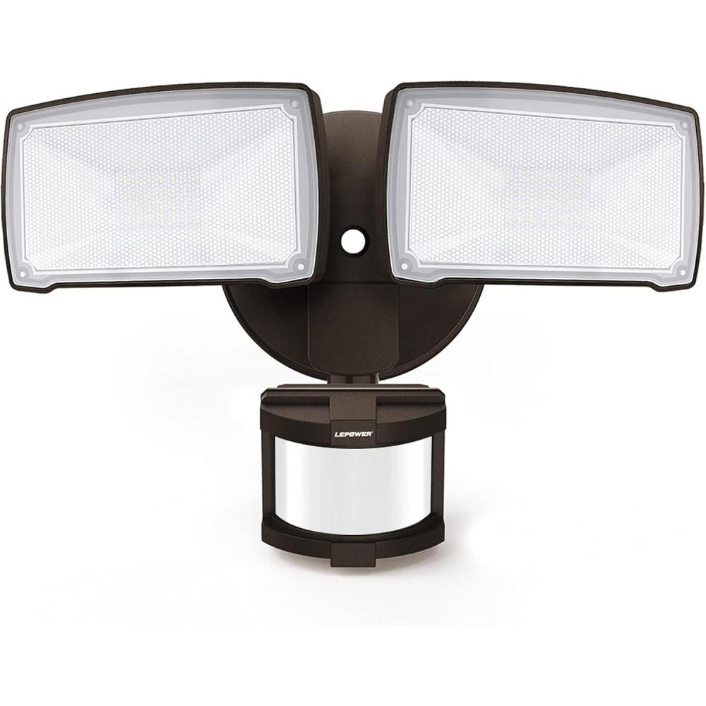 imageLEPOWER LED Motion Sensor Security Lights Outdoor 30W 3200LM 5500K IP65 Waterproof 2 Head Motion Detector Flood Light for Garage Yard Porch White NOT Solar PoweredBrown