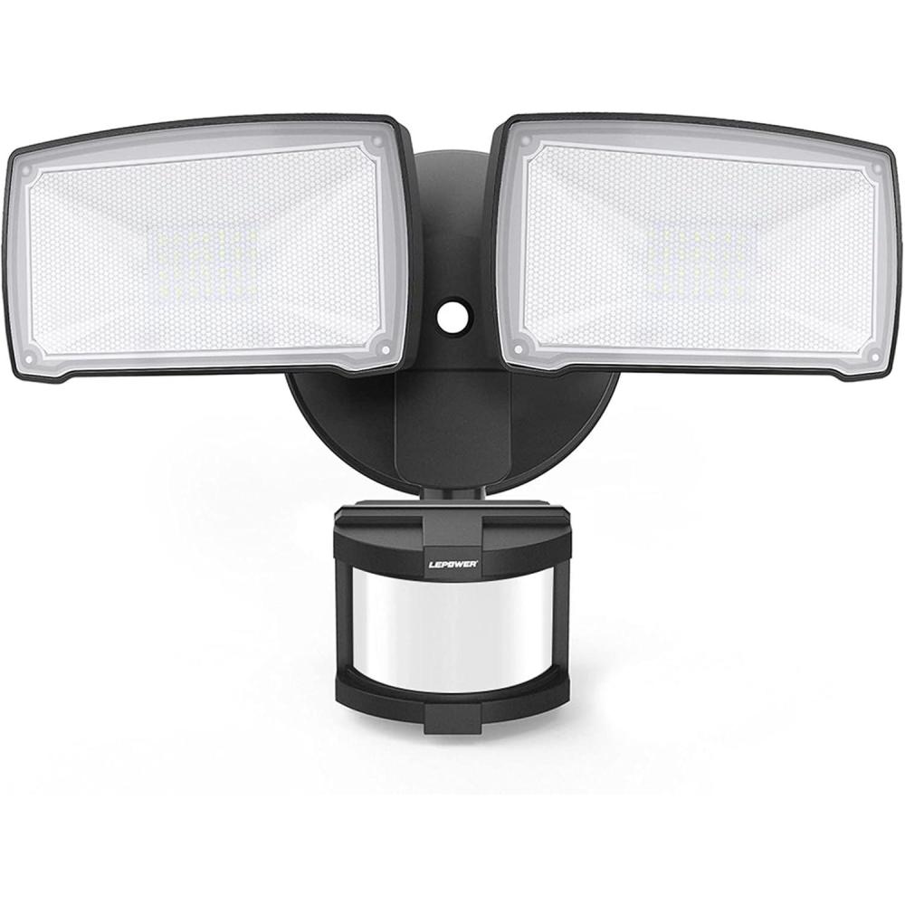 imageLEPOWER LED Motion Sensor Security Lights Outdoor 30W 3200LM 5500K IP65 Waterproof 2 Head Motion Detector Flood Light for Garage Yard Porch White NOT Solar PoweredBlack