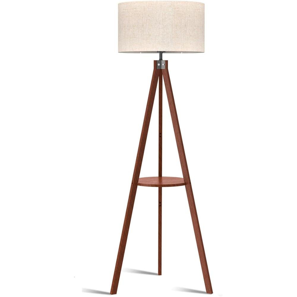 imageLEPOWER Mid Century Wood Standing Lamp Modern Design Shelf Floor Lamp for Living Room Bedroom Office Flaxen Shade with E26 Base Perfect for Reading or Ambient Lighting Dark BrownBrown Holder