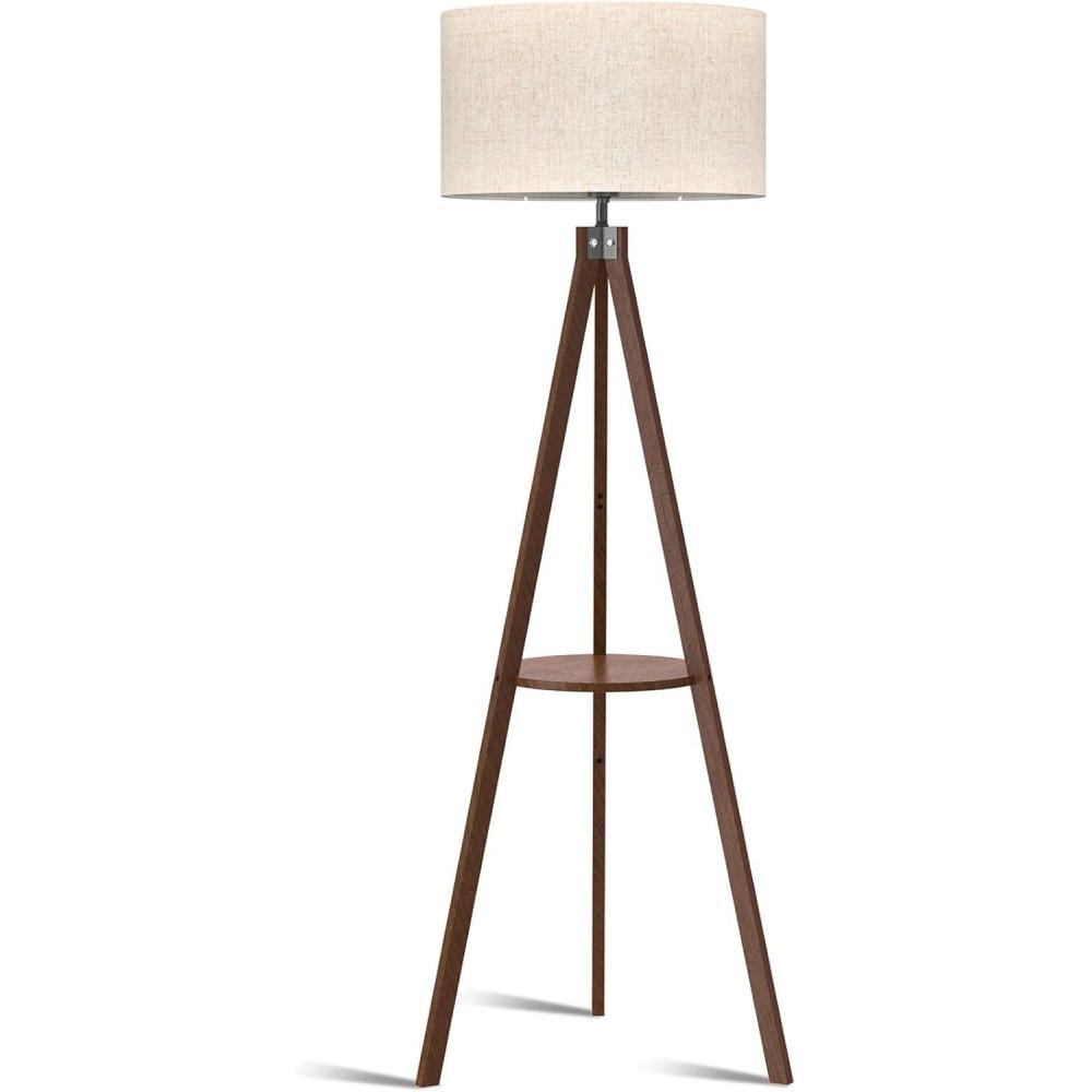 imageLEPOWER Mid Century Wood Standing Lamp Modern Design Shelf Floor Lamp for Living Room Bedroom Office Flaxen Shade with E26 Base Perfect for Reading or Ambient Lighting Dark BrownDark Brown Holder