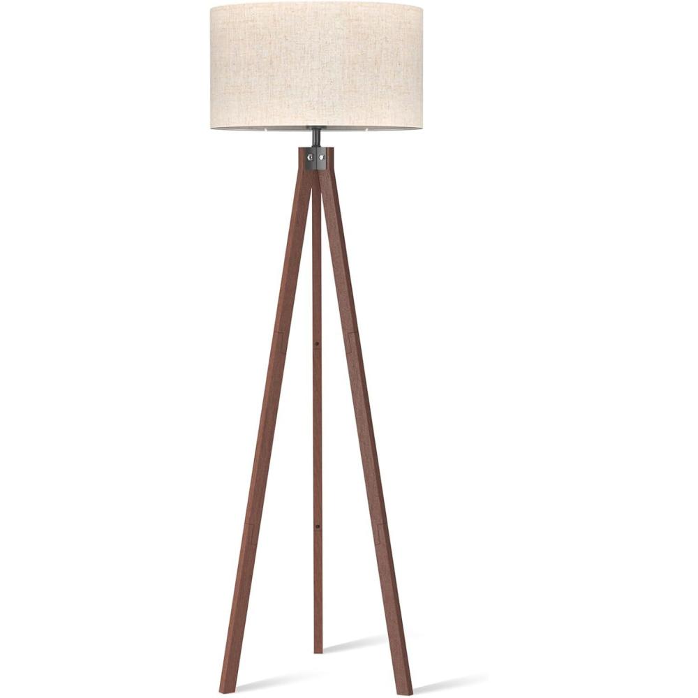 imageLEPOWER Wood Tripod Floor Lamp Mid Century Standing Lamp Modern Design Studying Light for Living Room Bedroom Study Room and Office Flaxen Lamp Shade with E26 Base Dark BrownDark Brown Holder