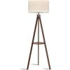 LEPOWER Mid Century Wood Standing Lamp, Modern Design Shelf Floor Lamp for Living Room, Bedroom, Office, Flaxen Shade with E26 Base, Perfect for Reading or Ambient Lighting Dark Brown(Dark Brown Holder)