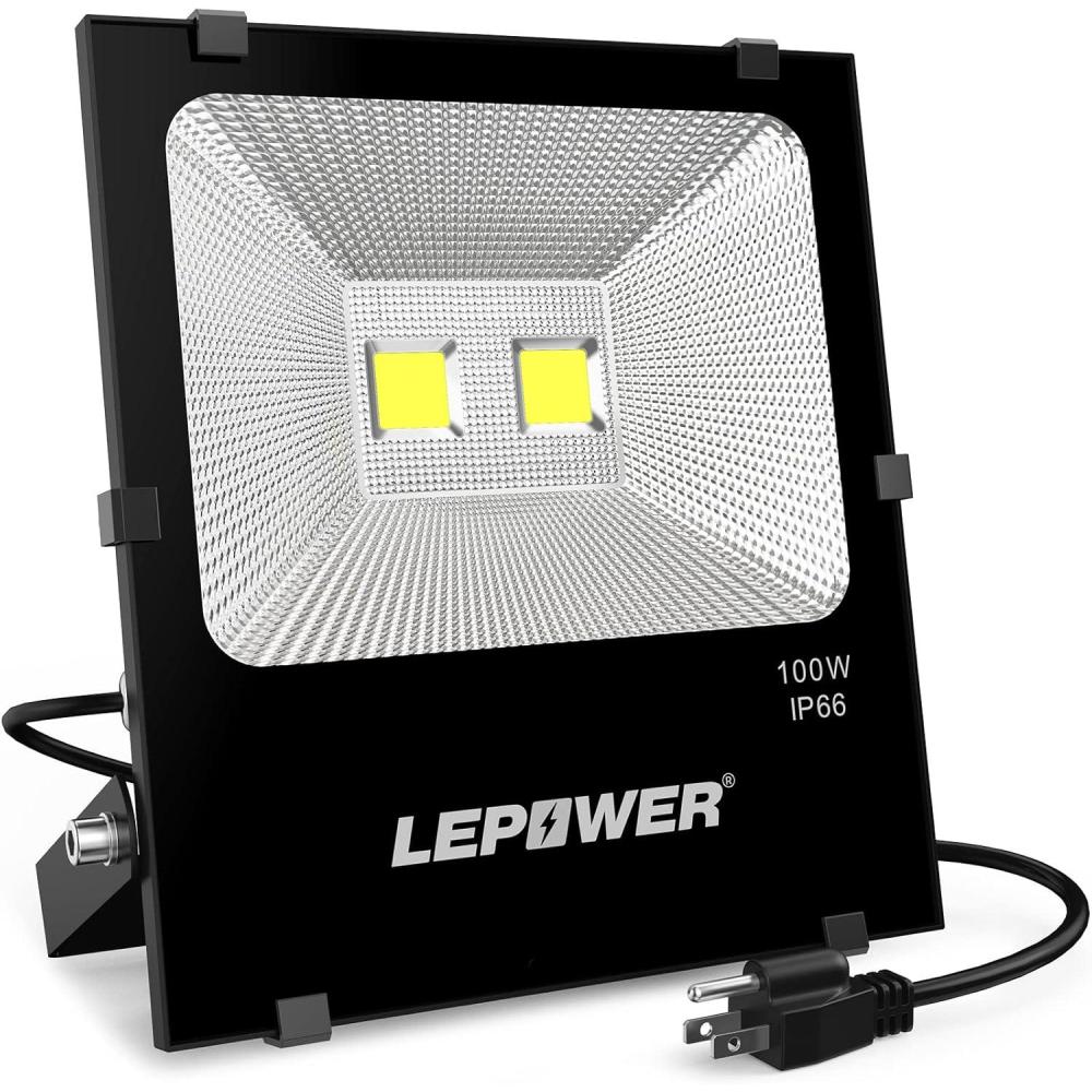 imageLEPOWER 100W LED Flood Light Outdoor Work Light Plug in 500W Halogen Bulb Equivalent IP66 Waterproof 8000LM 6000K Outdoor LED Lights Fixture for Backyard Garden Garage Playground