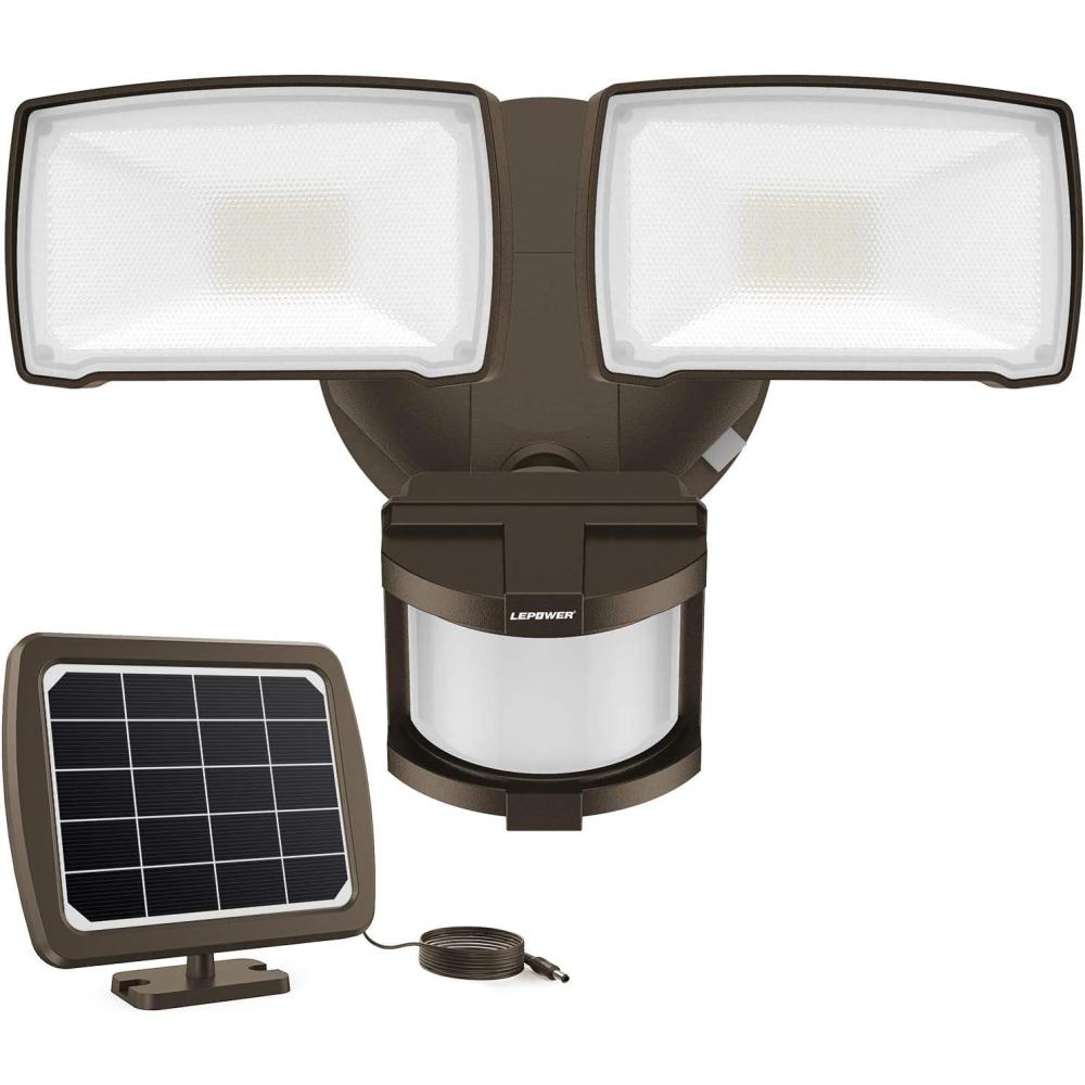 imageLEPOWER Solar Security Lights Outdoor 1000LM Solar Motion Sensor Light Outdoor 2 Head Solar Powered Flood Lights 5500K IP65 Waterproof Flood Lights for BackyardBrownBrown