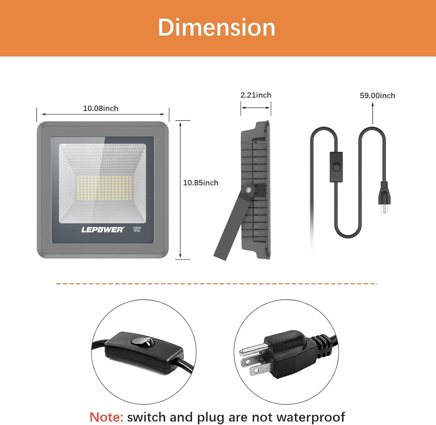 imageLEPOWER 100W LED Flood Light 10000lm Work Light with Plug Equiv 500W Halogen 6000K White Light IP66 Waterproof Outdoor Floodlight for Garage Garden Lawn Basketball Court Playground 2 Pack
