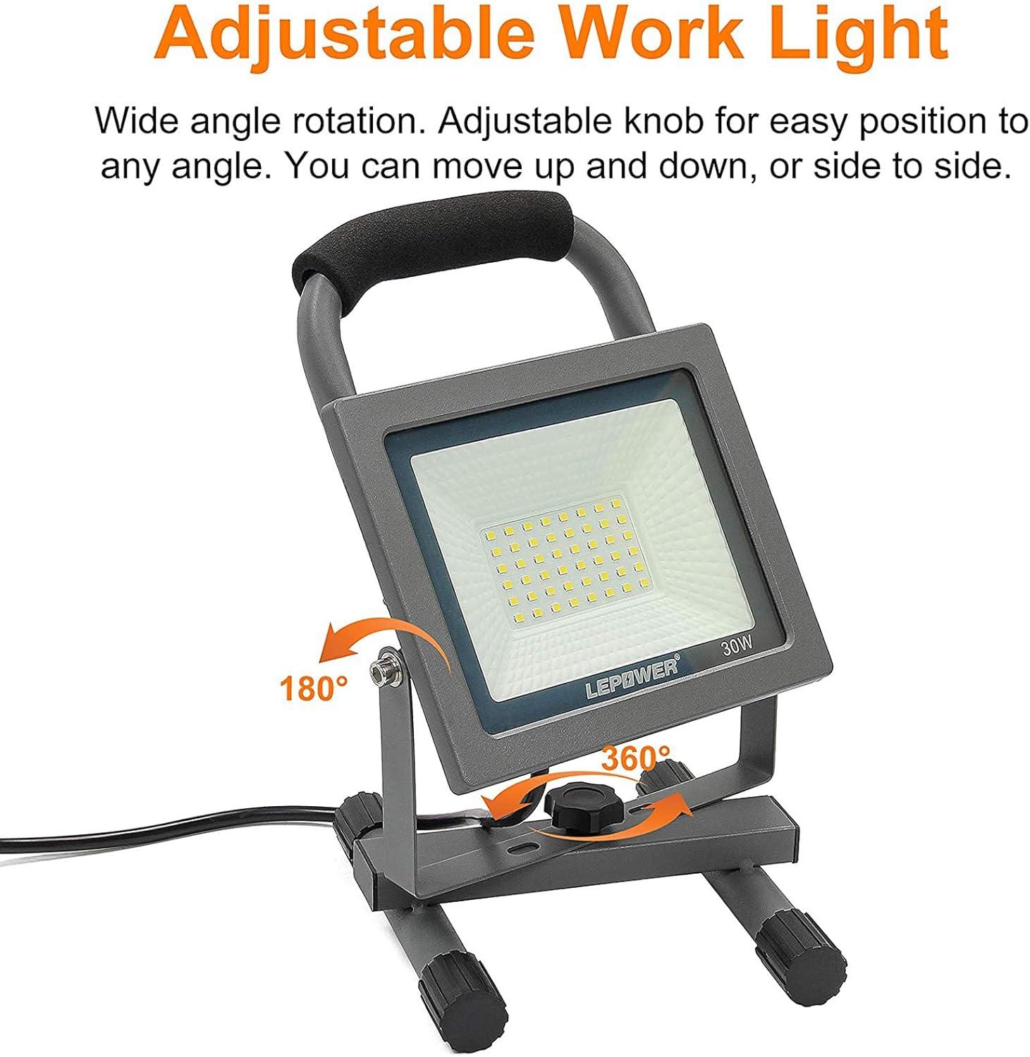 imageLEPOWER 30W LED Work Lights Stand Outdoor 3000LM Flood Work Light with Plug 6000K White Light IP66 Waterproof Portable Construction Lights for Workshop Garage Jetty