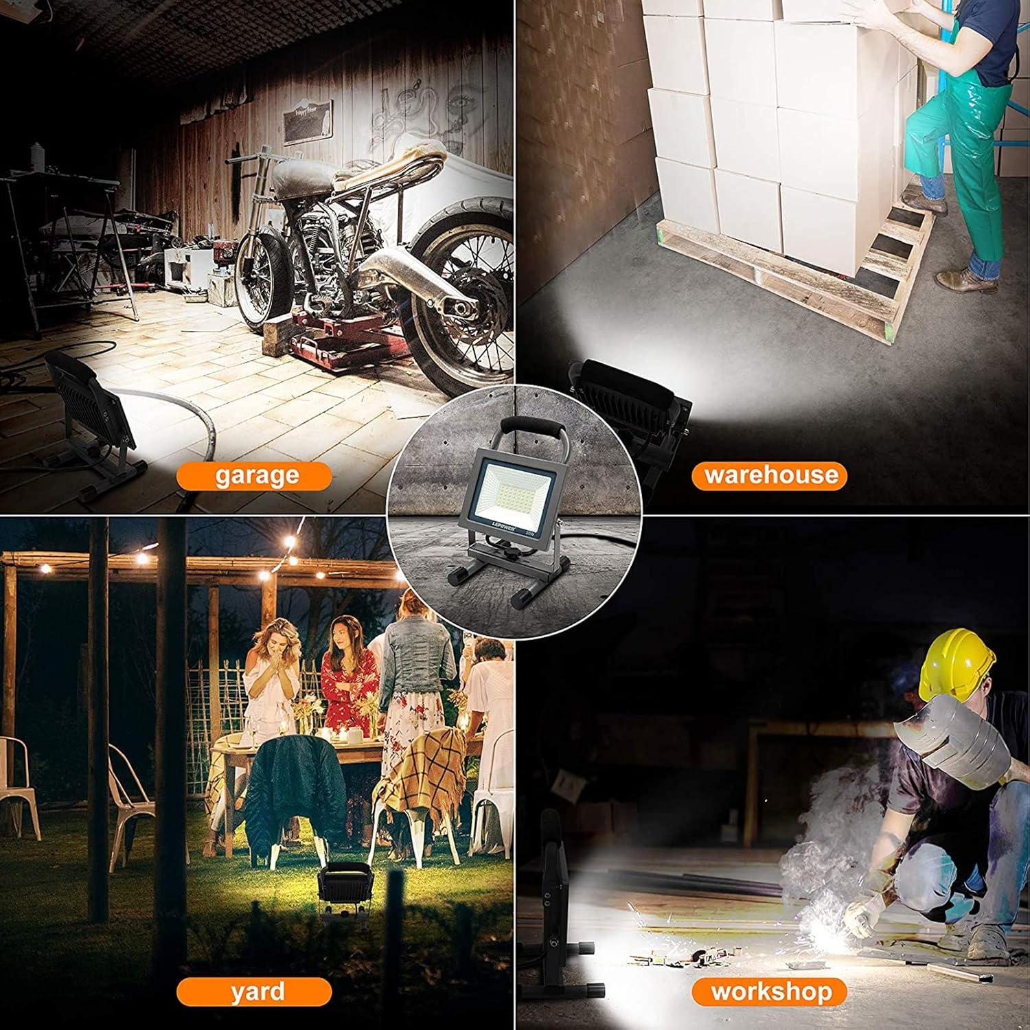imageLEPOWER 30W LED Work Lights Stand Outdoor 3000LM Flood Work Light with Plug 6000K White Light IP66 Waterproof Portable Construction Lights for Workshop Garage Jetty