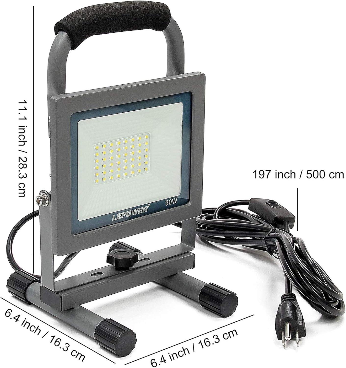 imageLEPOWER 30W LED Work Lights Stand Outdoor 3000LM Flood Work Light with Plug 6000K White Light IP66 Waterproof Portable Construction Lights for Workshop Garage Jetty