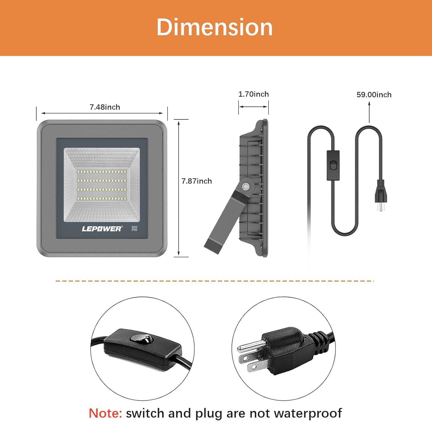 imageLEPOWER 50W LED Flood Light 5000lm Work Light with Plug Equiv 250W Halogen 6000K White Light IP66 Waterproof Outdoor Floodlight for Garage Garden Lawn Basketball Court Playground 2 Pack