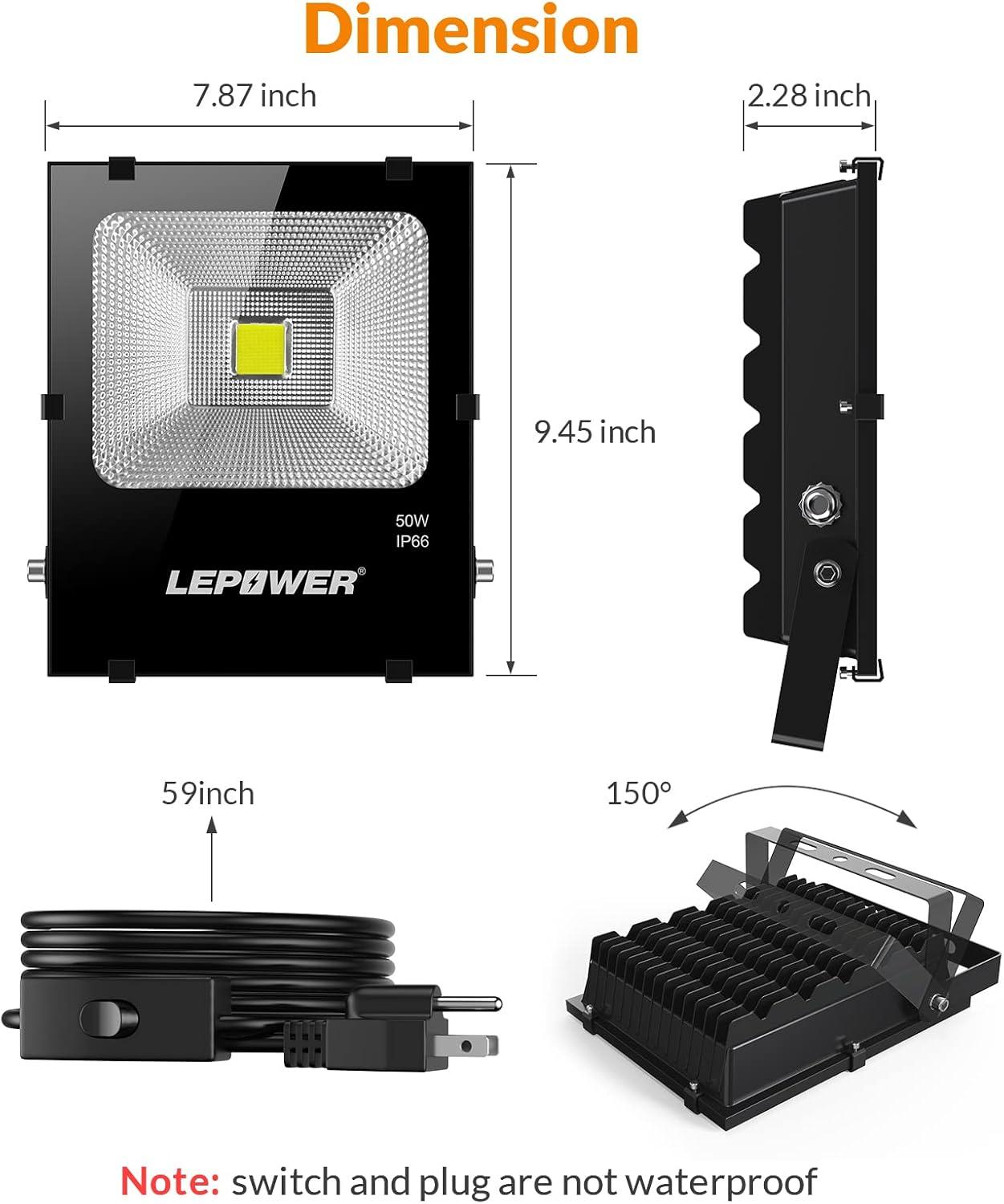 imageLEPOWER 50W LED Flood Light Outdoor Work Light Plug in 250W Halogen Bulb Equivalent 4000LM 6000K IP66 Waterproof Outdoor LED Lights Fixture for Backyard Garden Garage Playground