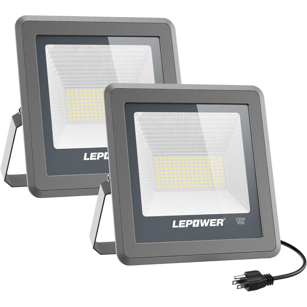 imageLEPOWER 100W LED Flood Light 10000lm Work Light with Plug Equiv 500W Halogen 6000K White Light IP66 Waterproof Outdoor Floodlight for Garage Garden Lawn Basketball Court Playground 2 Pack