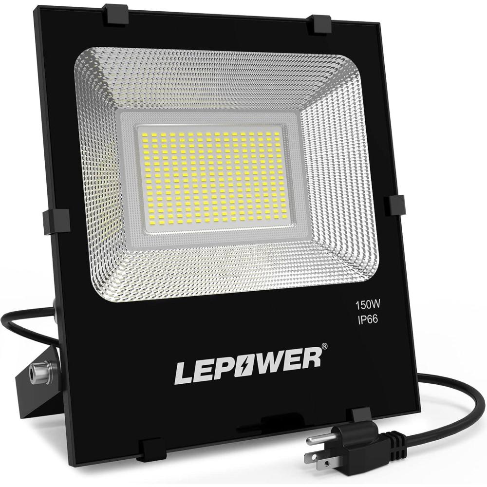 imageLEPOWER 150W LED Flood Light Outdoor LED Work Lights with Plug 11000LM 6000K White Light IP66 Waterproof Outdoor Floodlights for Garage Playground Basketball Court Yard