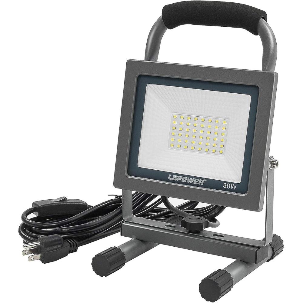 imageLEPOWER 30W LED Work Lights Stand Outdoor 3000LM Flood Work Light with Plug 6000K White Light IP66 Waterproof Portable Construction Lights for Workshop Garage Jetty
