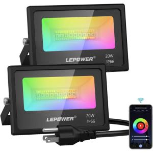 LEPOWER 20W Smart LED Flood Lights Outdoor, WiFi Dimmable Color Changing Stage Light, RGBCW, 2700K-6000K, 1600LM, Multicolor Wall Washer Halloween Light, IP66 Waterproof